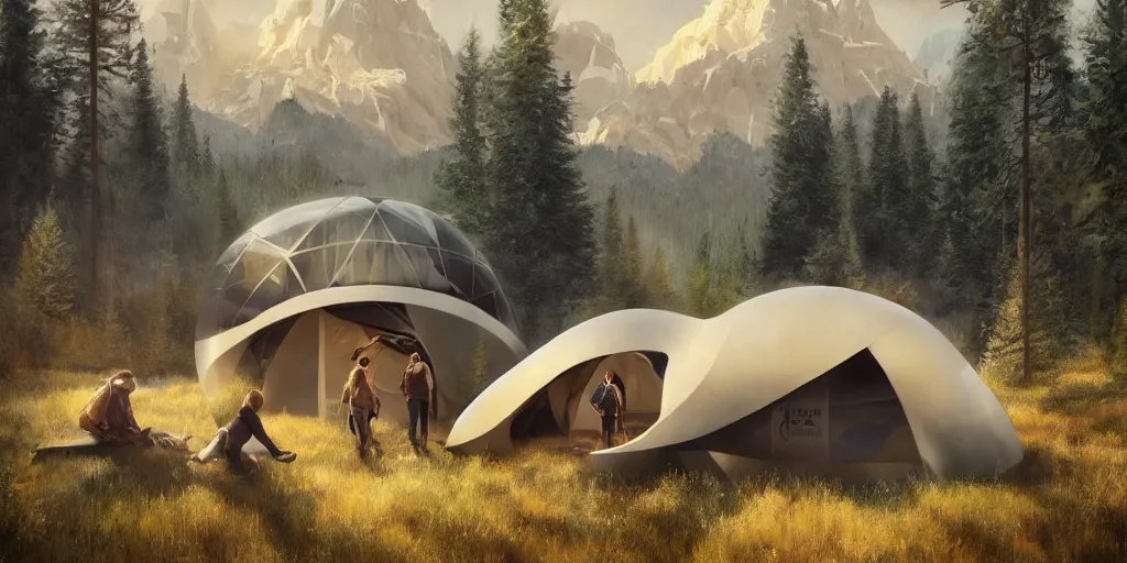 Image similar to cabela's tent futuristic pop up family pod, cabin, modular, person in foreground, mountainous forested wilderness open fields, beautiful views, painterly concept art, joanna gaines, environmental concept art, farmhouse, magnolia, concept art illustration by ross tran, by james gurney, by craig mullins, by greg rutkowski trending on artstation