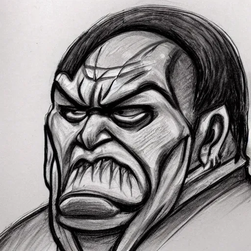 Prompt: courtroom sketch of an orc on trial