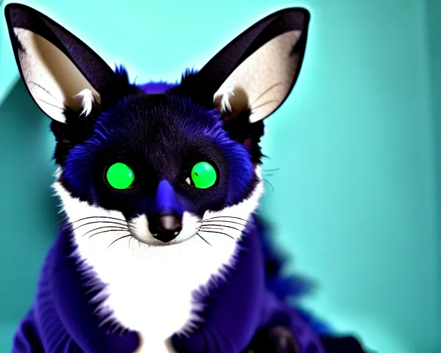 Image similar to a blue - and - black male blue / green heterochromatic catbat fursona with blue / green heterochromatic eyes ( one eye green ) and huge bat ears, photo of the catbat streaming on his computer