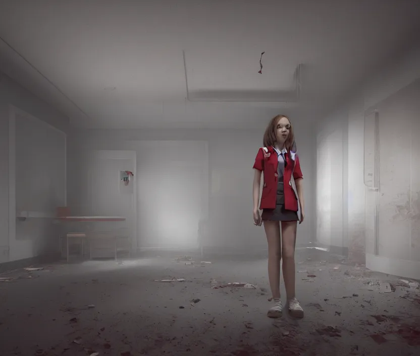 Prompt: School girl standing on an abandoned hospital room with red ceiling lighting, gloomy and foggy atmosphere, octane render, artstation trending, horror scene, highly detailded