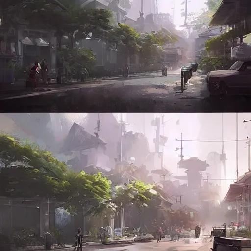 Prompt: concept art a singaporean neighborhood, by greg rutkowski