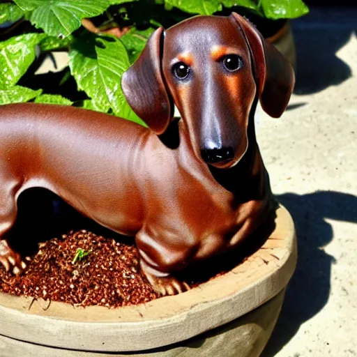 Image similar to Old wood dachshund with leaves, growing in a bonsai pot
