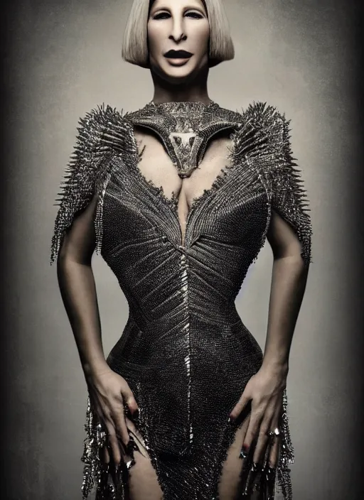 Prompt: expressive full body photo of young barbra streisand, dress made of steel blades, glamour shot, by karol bak, stefan gesell, photorealistic, nikon d 4 x, fashion photography, hyper maximalist, elegant, ornate, luxury, elite, environmental portrait, symmetrical features, octane render, unreal engine, solid dark grey background, dramatic lights