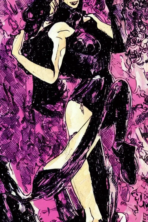 Image similar to portrait of gal gadot dancing, nightclub, stunning dress, style of guido crepax