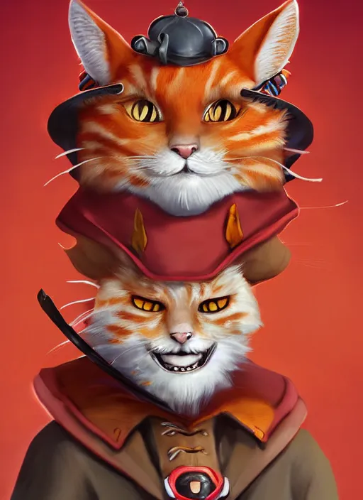Prompt: digital art of an anthropomorphic orange cat with a red pirate coat and a tricorne hat, smug but playful, realistic, artstation, art by tyler jacobson, highly detailed, colorful, dramatic
