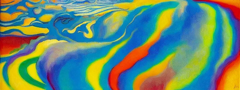 Prompt: Psychedelic sci-fi dreamworld. Landscape painting. Organic. Winding rushing water. Waves. Clouds. Landscape by Wayne Thiebaud. Matisse.