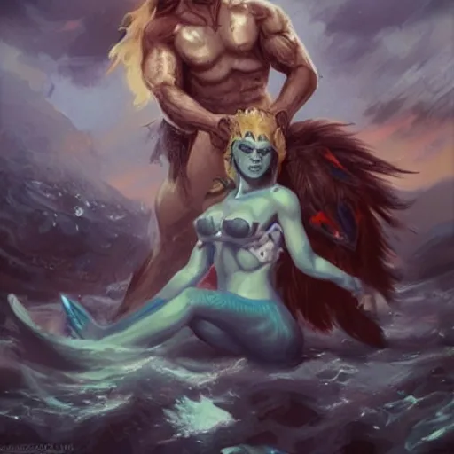 Image similar to triton girl having a great time riding on a goliath's shoulders, dnd concept art, painting by ross tran, blue-skinned triton, fur-clad barbarian goliath