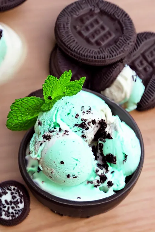 Prompt: refreshing white mint icecream with bits of oreo cookies inside, chocolate mint icecream