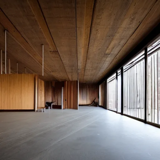 Image similar to interior of a wooden brutalist building