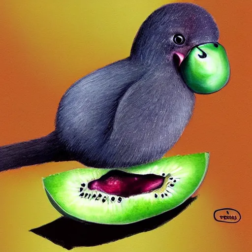 Prompt: cute kiwi bird holding a kiwi fruit, concept art, illustrated, highly detailed, high quality, bright colors, optimistic,