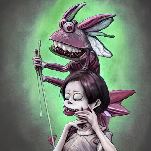 Prompt: scary godlike fairy in the anime style of Junji Ito , eating a psychedelic frog violently , being chased by a anthropomorphic giant frog , trending on artstation , pastel , petite , upper body , epic , traditional makeup , gorgeous features ,Perfect pixel art, Post-processing , Greg rutkowski legendary matte painting , masterpiece