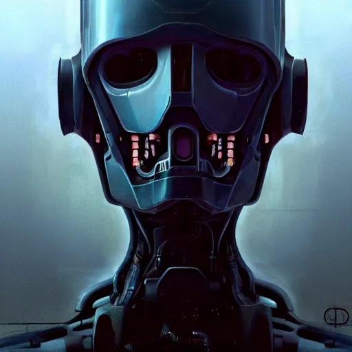 Image similar to dark digital concept art portrait of a high - tech robot on a depth of field background, artstation, award - winning realistic sci - fi concept art by jim burns and greg rutkowski, beksinski, a realism masterpiece, moody color palette, james gilleard, bruegel, alphonse mucha, and yoshitaka amano