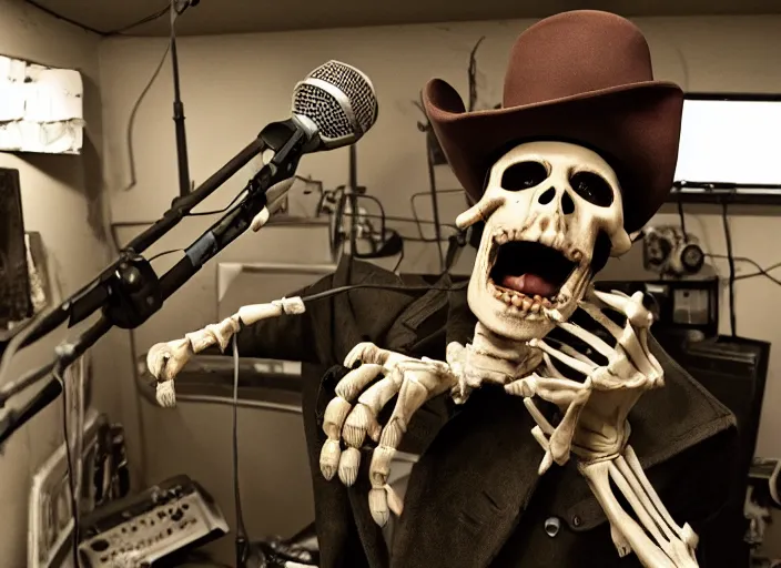 Prompt: a photo of an enraged skeleton man in a cowboy costume angrily screaming into a microphone in a dirty old rundown radio station studio filled with dusty radio equipment and piles of empty beer cans everywhere