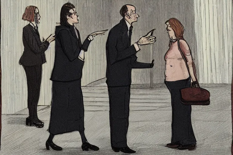 Image similar to tall, security guard checks the bags of a worried looking woman, art, satire