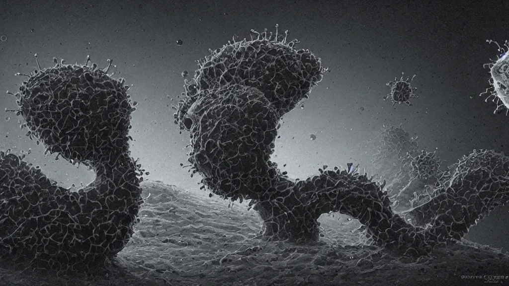 Image similar to a beautiful microscopic scientific photo of a coronavirus and a strange life form seen through an electron microscope, dark, sinister, detailed, art by Greg Rutkowski