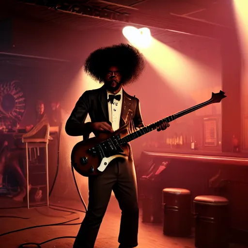 Image similar to a steampunk black man with long curly hair, playing electric guitar at a night club, focus on the musicians, cinematic lighting, exaggerated detailed, unreal engine, octane render, trending on artstation, art by greg rutkowski, 4 k