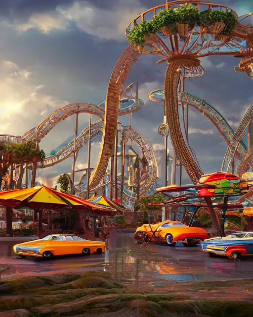 Image similar to theme park on automobiles with some giant elements like velocimeters or wheels shaping the structures, volumetric lighting, funky design, 1970s palette, hyper realism, high detail, octane render, high contrast , 8k