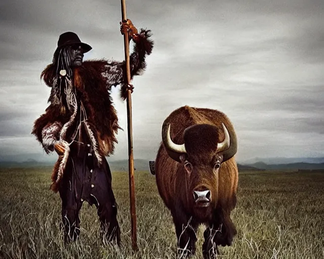 Image similar to incredible strange evocative artwork of buffalo hunters, buffalo midnight, l in the style of tim walker fashion photography, legend of buffalo hunters