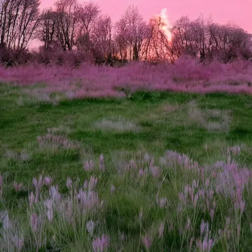 Prompt: a ultra high definition pastel coloured photograph from a holiday photo album. 5 0 mm lens, depicting a pale pink tent pitched and lit fire in a vast pastel pink field made of pastel pink grass blades in an alien world, pale pink grass, pale pink sky. no artefacts. highly detailed. no green colour. the tent is glowing dimly from the inside.