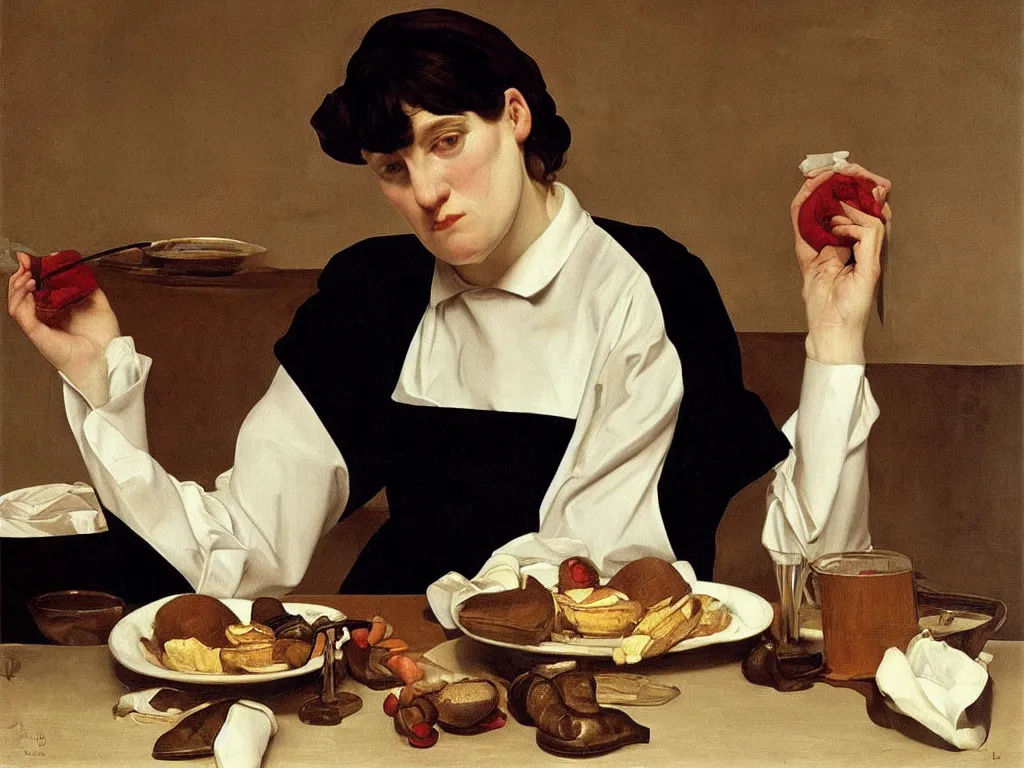 Image similar to Portrait of a sad waitress. Painting by Georges de la Tour, Lucian Freud