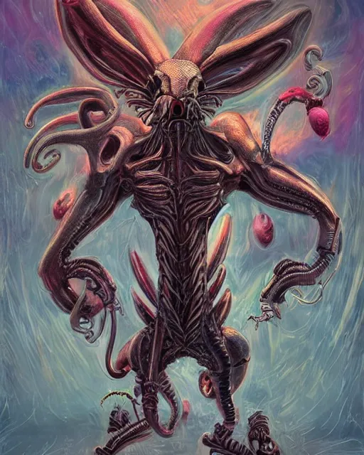 Image similar to abstract xenomorph rabbit in wonderland, highly detailed, concept art, scifi, bizarre, colorful, sharp focus, trending on artstation, intricate, atmosphere, art by roman makarenko, dzung phung dinh