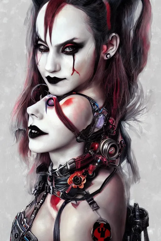 Image similar to portrait of young cute beautiful gothic Harley Quinn, cyberpunk, Warhammer, highly detailed, artstation, illustration, art by Gustav Klimt