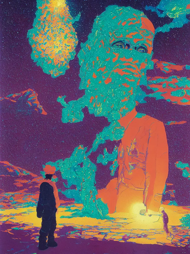 Prompt: a vibrant ultraclear closeup portrait of a man tasting neon fireworks and blotter papers of lsd acid, dreaming psychedelic hallucinations in the vast icy landscape of antarctica, by steven outram, kawase hasui, moebius, colorful flat surreal design, hd, 3 2 k