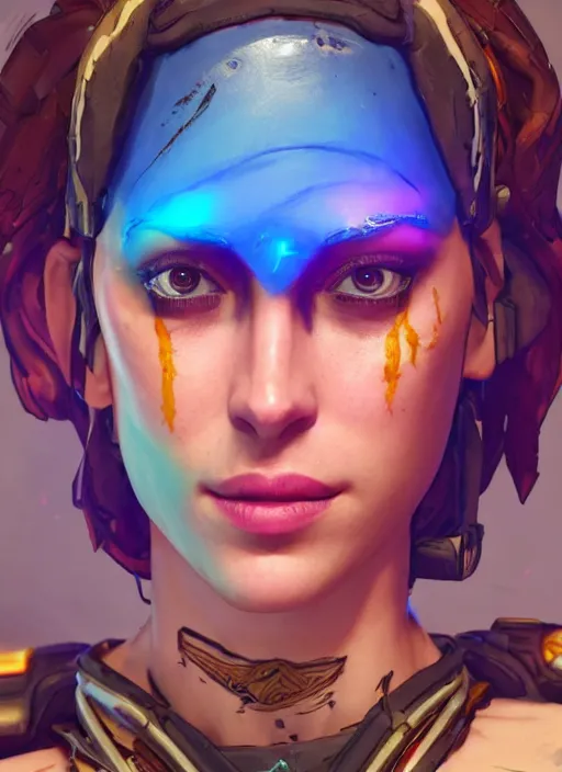 Image similar to glowwave portrait of dakota johnson from borderlands 3, au naturel, hyper detailed, digital art, trending in artstation, cinematic lighting, studio quality, smooth render, unreal engine 5 rendered, octane rendered, art style by klimt and nixeu and ian sprigger and wlop and krenz cushart.