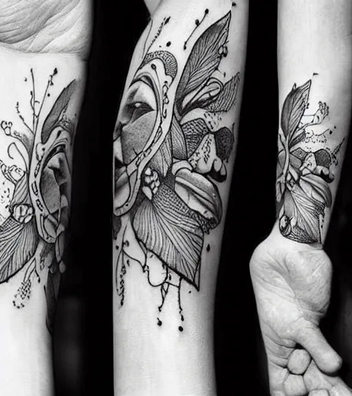 Image similar to a beautiful tattoo design, in the style of den yakovlev, hyper realistic, black and white, realism, highly detailed