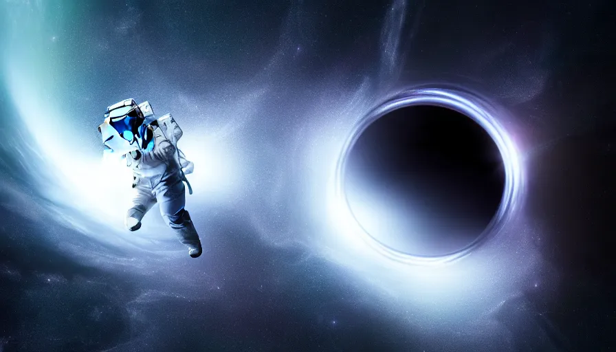 Image similar to an astronaut is falling inside a black hole and is bent into a vortex, volumetric lighting, interstellar, black hole light lensing, event horizon, digital art, wallpaper, 4 k