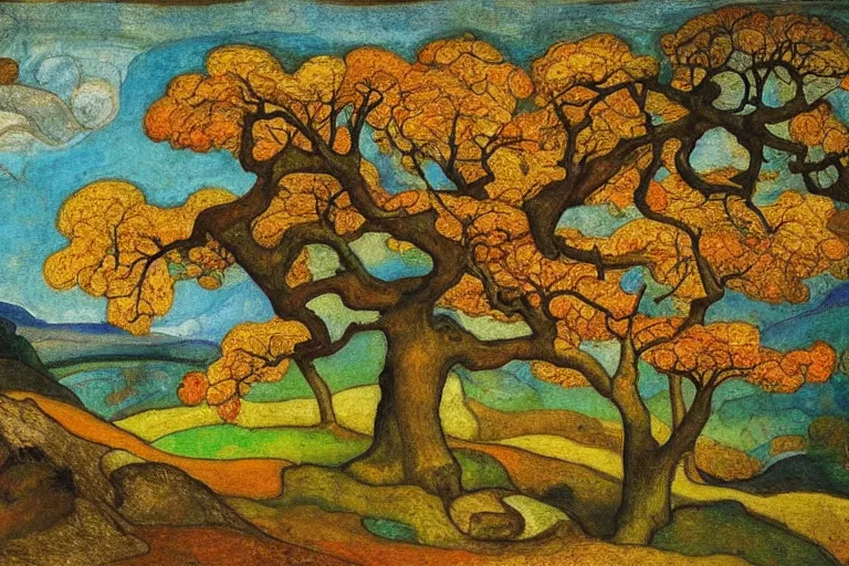 Image similar to masterpiece painting of oak trees on a hillside overlooking a creek, dramatic lighting, by phoebe anna traquair