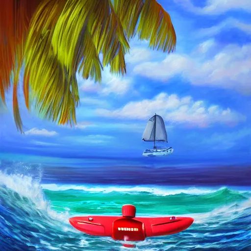 Image similar to red robot surfing the wave, island in the background, oil painting, tropical style, 3 d digital art