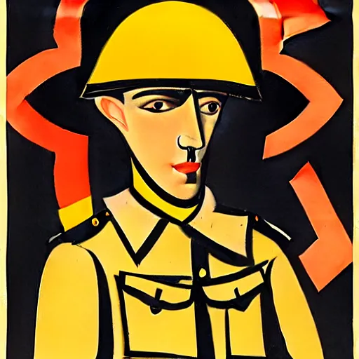 Image similar to a poster of a young soldier wearing a helmet. by ismael nery, wyndham lewis. behance, soviet propaganda, american propaganda