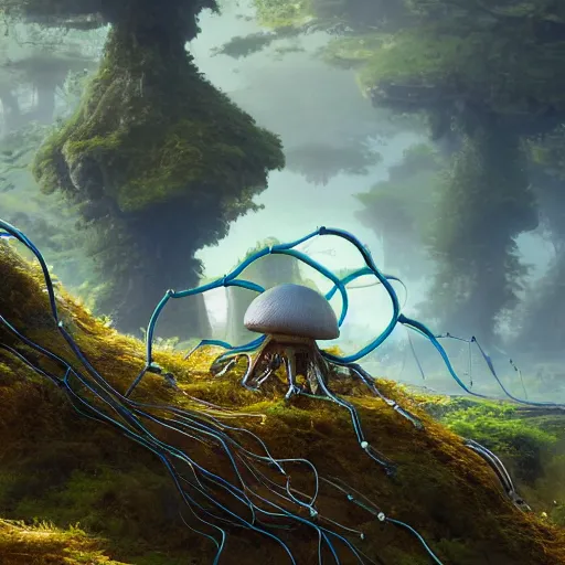 Image similar to biological mechs in the shape of a mushroom with many wires in a natural landscape, made by stanley artgerm lau, wlop, rossdraws, artstation, cgsociety, concept art, cgsociety, octane render, trending on artstation, artstationhd, artstationhq, unreal engine, 4 k, 8 k,