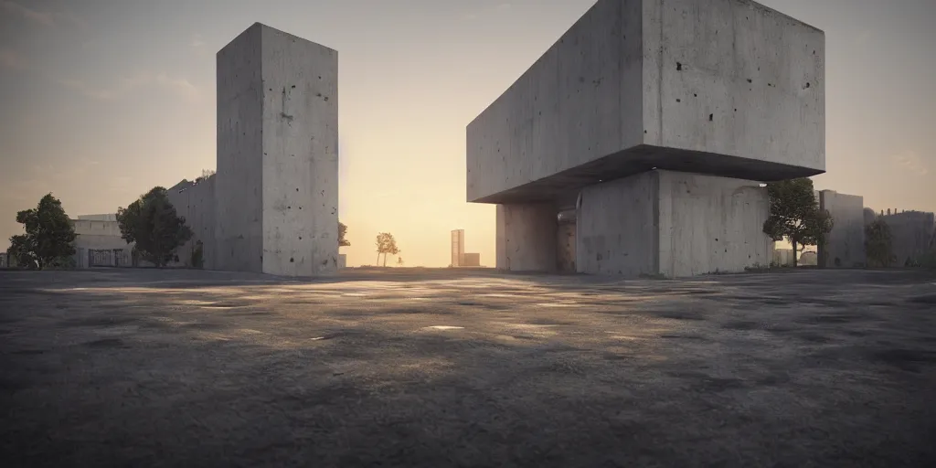 Image similar to a modern concrete building, brutalism, nature around, sunset, photorealism, beautiful, cinematic dramatic atmosphere, volumetric cinematic perfect light, detailed octane render trending on artstation, 8 k, by chris hytha and jag studio