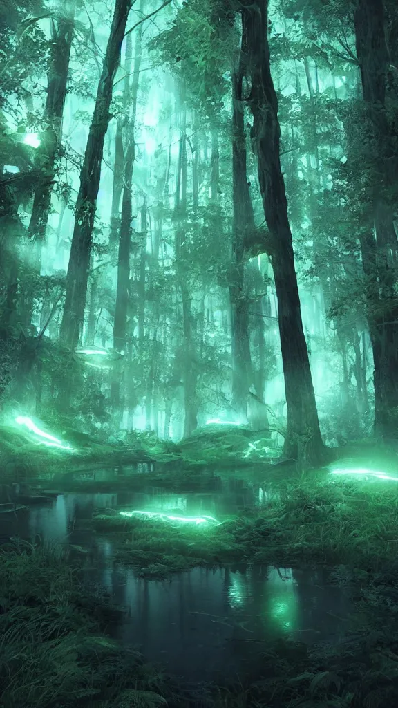 Prompt: “bioluminescent forest, Artstation HQ, photorealistic, hiperrealistic, sharp focus, 4k UHD, Unreal Engine 5, cinematic shot, cinematic lightning, dark tones, high contrast, intricate, masterpiece”