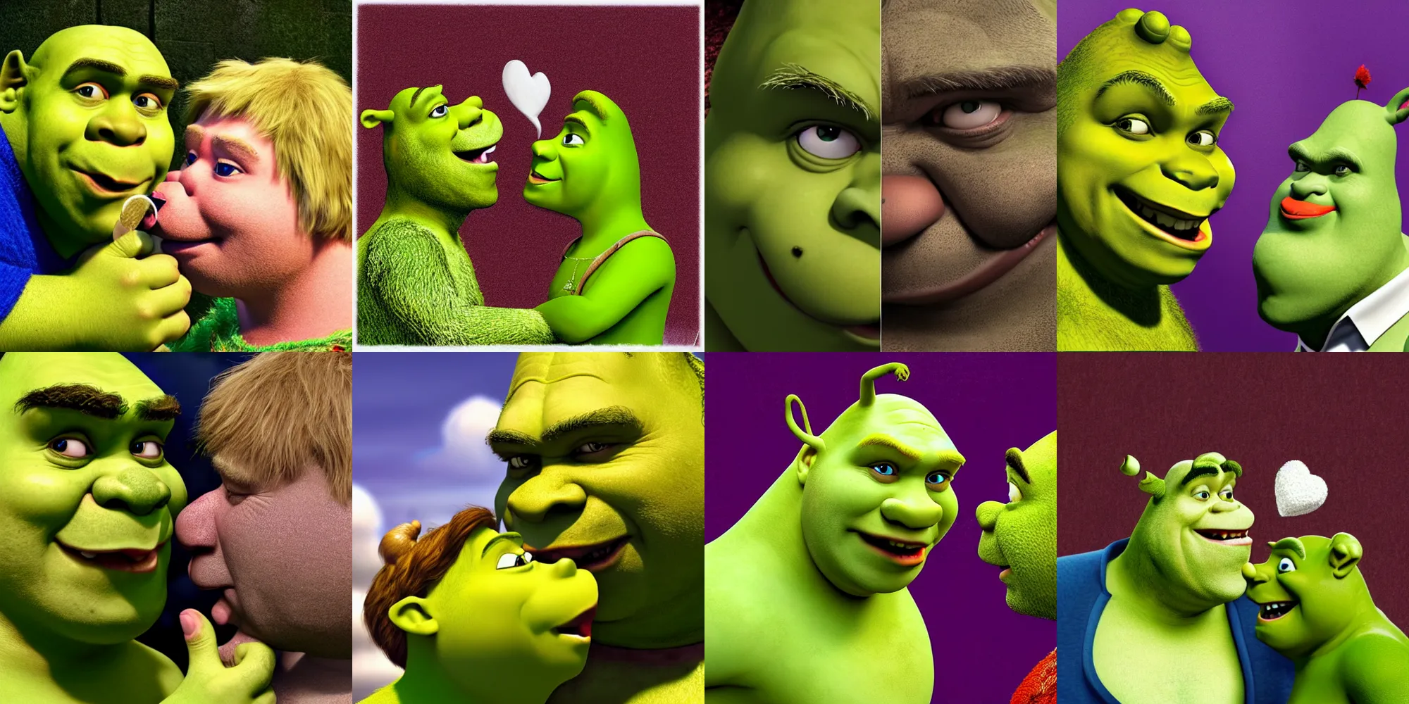Prompt: Shrek kissing Boris Johnson with tongue, love, heart land, high detail, realistic, intense, deep love, concept art, 8k, high contrast