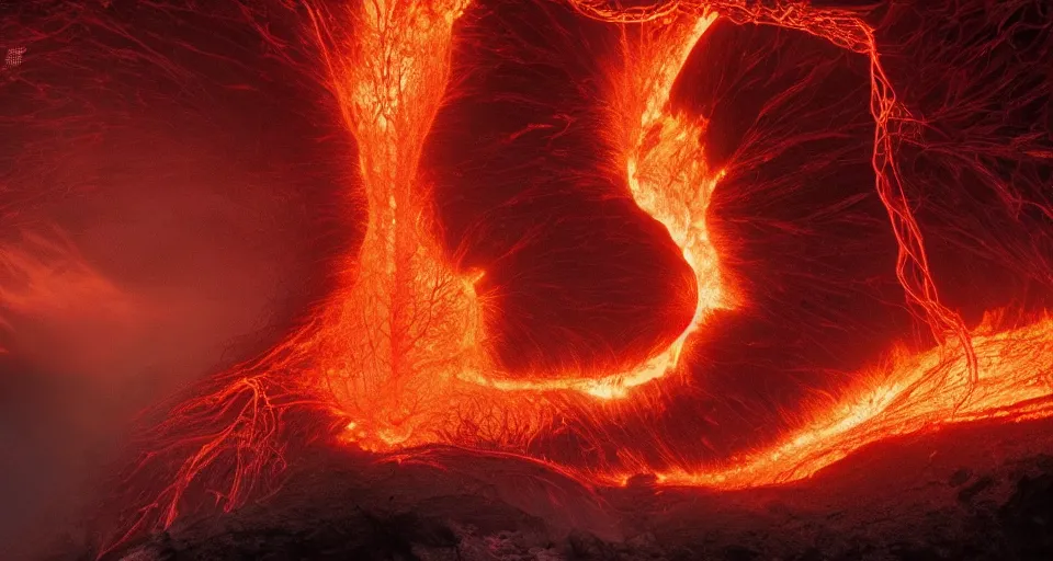 Prompt: a volcano made of ivory vines and crimson rocks enters in eruption, it spits a smoke in the shape of demonic eye, from Guild Wars