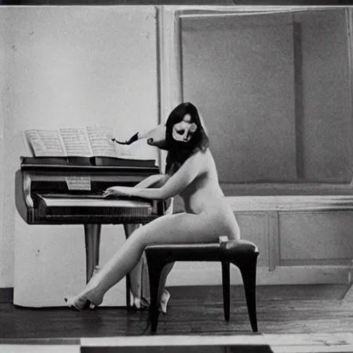 Prompt: slimy woman, playing piano, futuristic, pipe smoking, couch