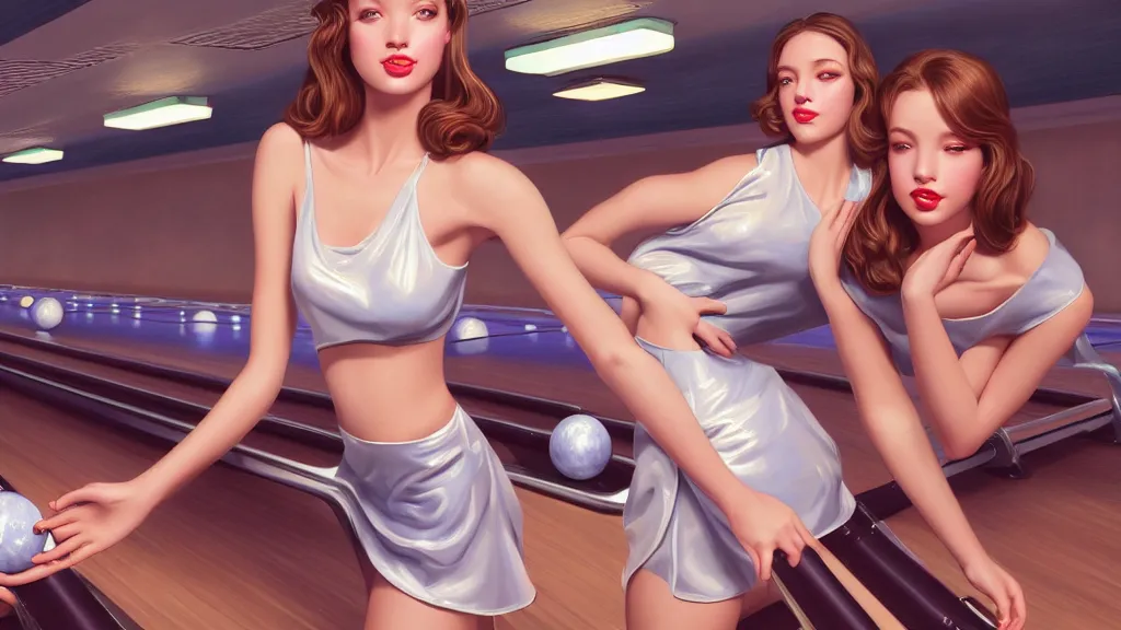 Image similar to photo of cute girls bowling, art deco bowling alley, ultra detail, photoreal, professionally retouched, soft moonlight lighting, shiny plastic miniskirt, realistic, smooth face, goddess, luscious lips, perfect eyes, wide angle, sharp focus on eyes, 8 k high definition, insanely detailed, intricate, elegant, art by artgerm and wlop