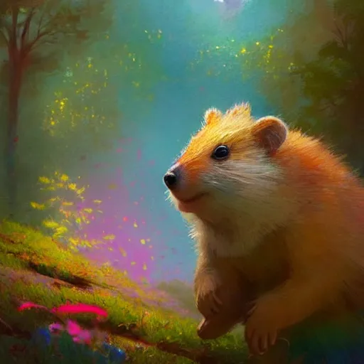 Prompt: An adorable and colorful fantasy painting of a cute and happy rainbow quokka, by greg rutkowski and thomas kinkade, trending on artstation