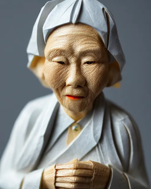 Image similar to an origami wrinkled old fisherlady by akira yoshizawa, realistic, very detailed, complex, intricate, studio lighting, bokeh, sigma 5 0 mm f 1. 4