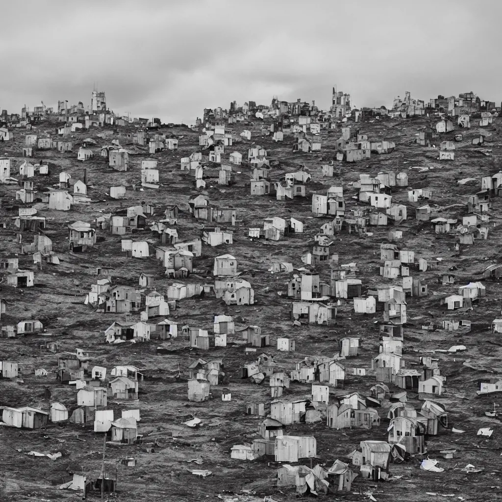 Prompt: towers made up of colourful makeshift squatter shacks, bleached colours, moody cloudy sky, dystopia, mamiya, very detailed, photographed by ansel adams