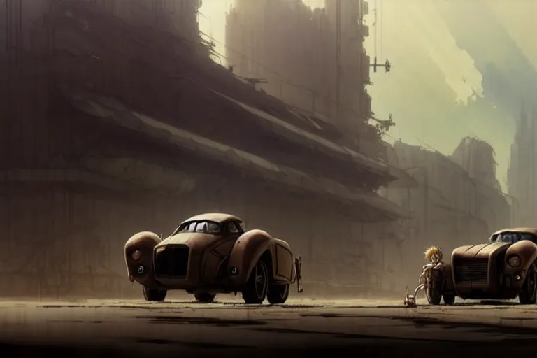 Image similar to dieselpunk post apocalyptic tvr cerbera : : speeding with clouds of dust : : painted by greg rutkowski makoto shinkai takashi takeuchi studio ghibli, akihiko yoshida