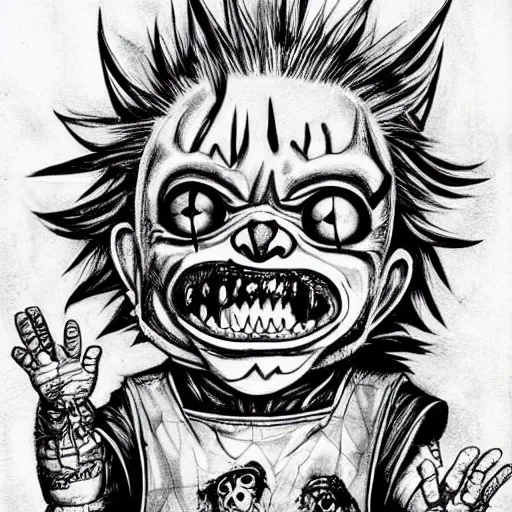 Prompt: grunge drawing of chucky by - rick and morty , loony toons style, horror themed, detailed, elegant, intricate