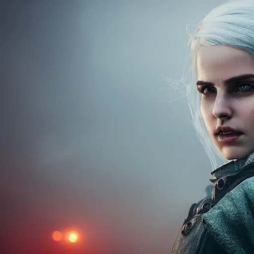 Prompt: ciri in an industrial soviet city, air pollution, fog, dslr 5 0 mm portrait photo, witcher, octane render