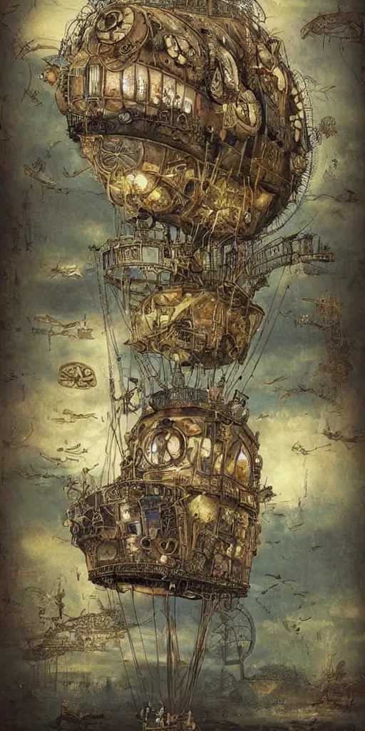 Prompt: a vintage steampunk living airship by alexander jansson and where's waldo and leonardo da vinci