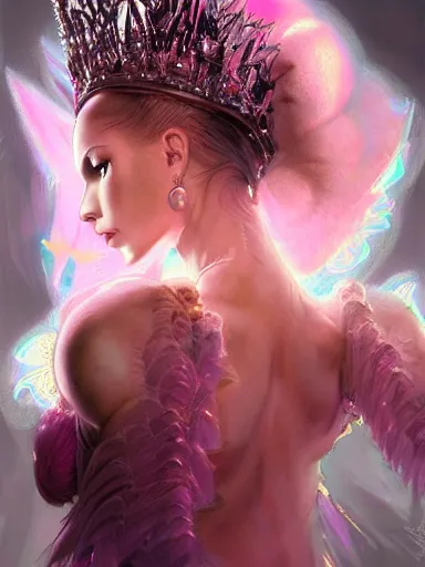 Prompt: pink portrait of beautiful female angel queen Lisa blackpink head wearing shiny pink crown, subtle purple accents, hyper details, black metal rococo, sculpted by Alex Alice, Craig Mullins, yoji shinkawa, trending on artstation, beautifully lit, Peter mohrbacher, hyper detailed, insane details, intricate, elite, elegant, luxury, ray of light through smoke, CGsociety, hypermaximalist, golden ratio, volumetric, octane render, weta digital, micro details, 3d sculpture