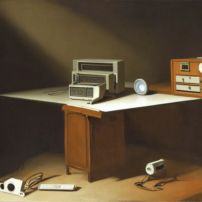 Image similar to still life painting of a retro electronics supercomputer desk workstation by pieter claesz, oil on canvas, strong lighting, highly detailed, hyper realism, golden hour, god rays, hd, 4 k