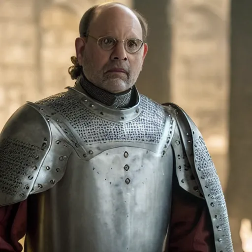 Prompt: film still of George Costanza as knight in game of thrones